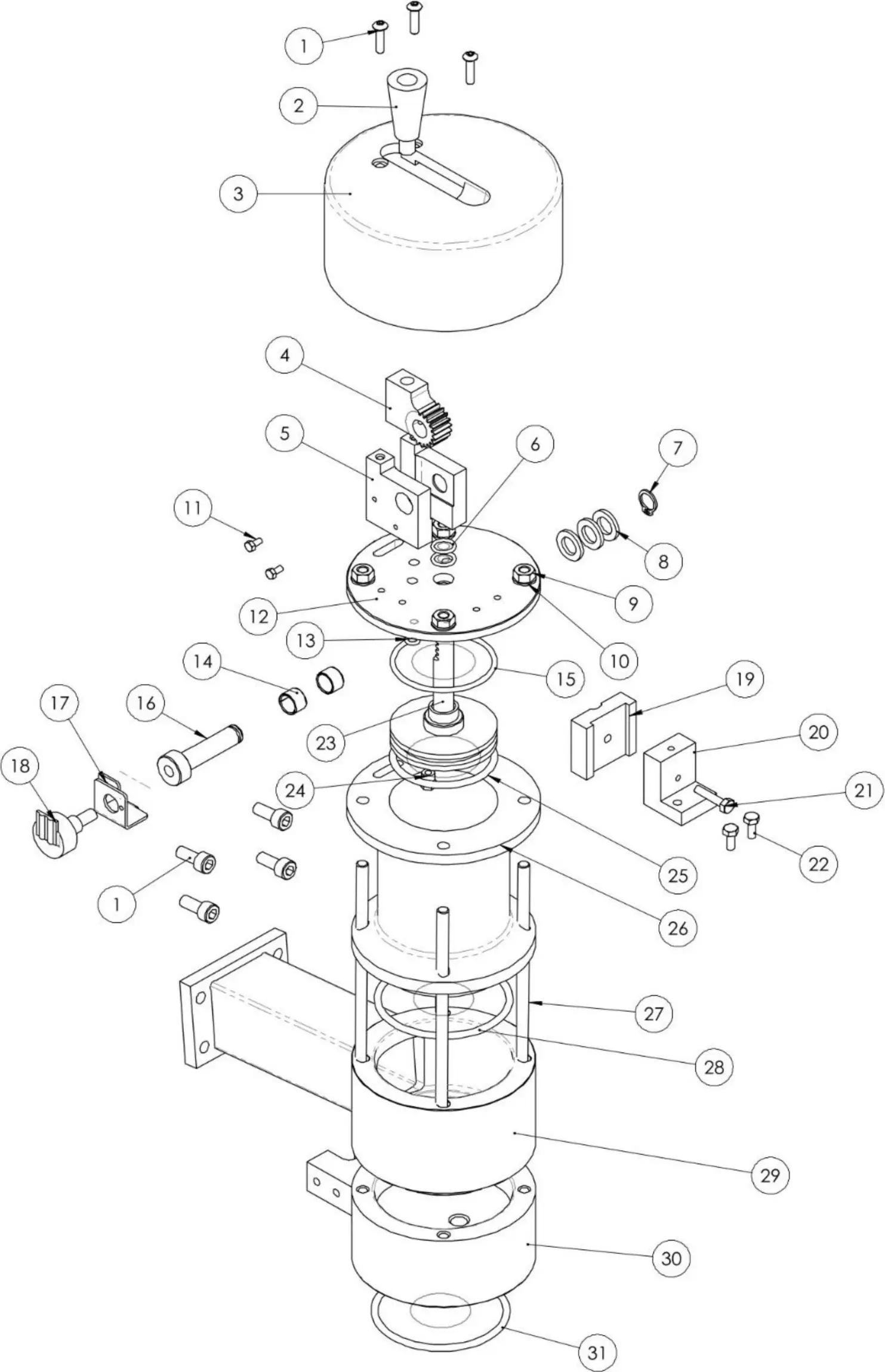 Exploded parts diagram of the Rocket Epica mechanical assembly, showing individual numbered components like screws, brackets, cylindrical parts, bearings, and mounting plates arranged to illustrate how all parts fit together.