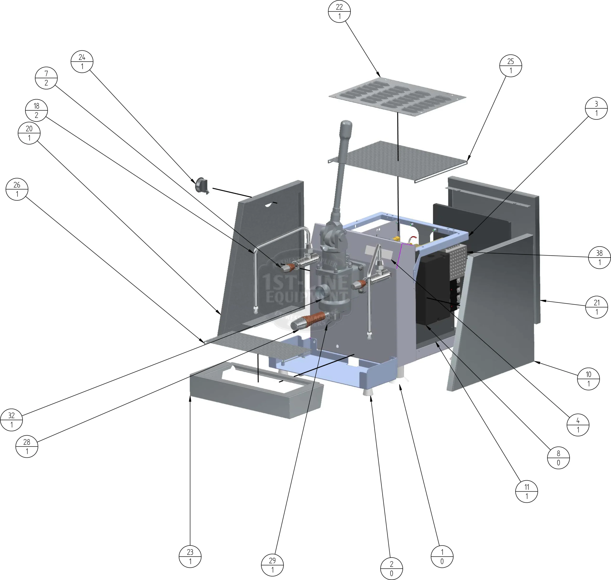 Exploded view parts diagram of a mechanical device, such as the ACS Vesuvius Evo Leva, with labeled components separated from the central assembly. Panels, levers, and internal mechanisms have numbered callouts for easy identification.