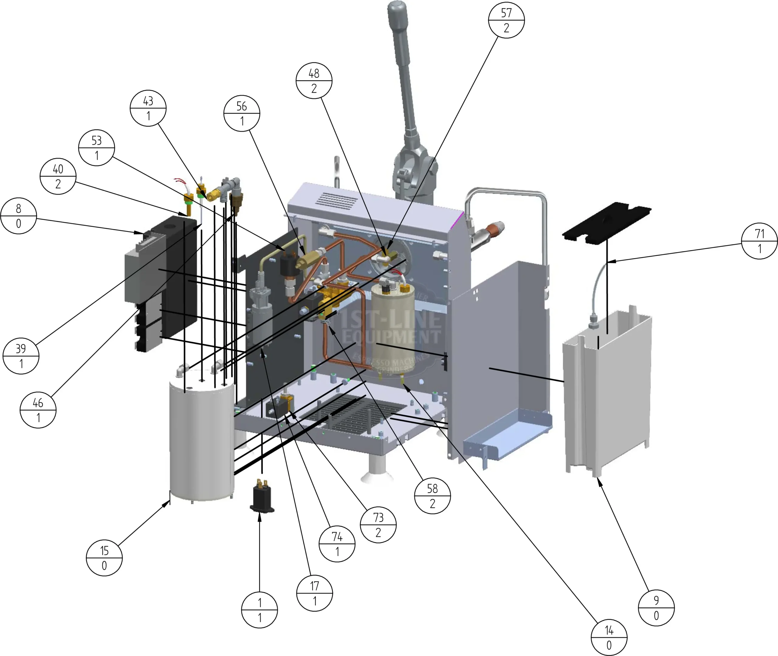 Exploded view parts diagram of the ACS Vesuvius Evo Leva mechanical device, showing numbered components, wiring, pipes, and casing spread out to reveal internal structure and assembly relationships.