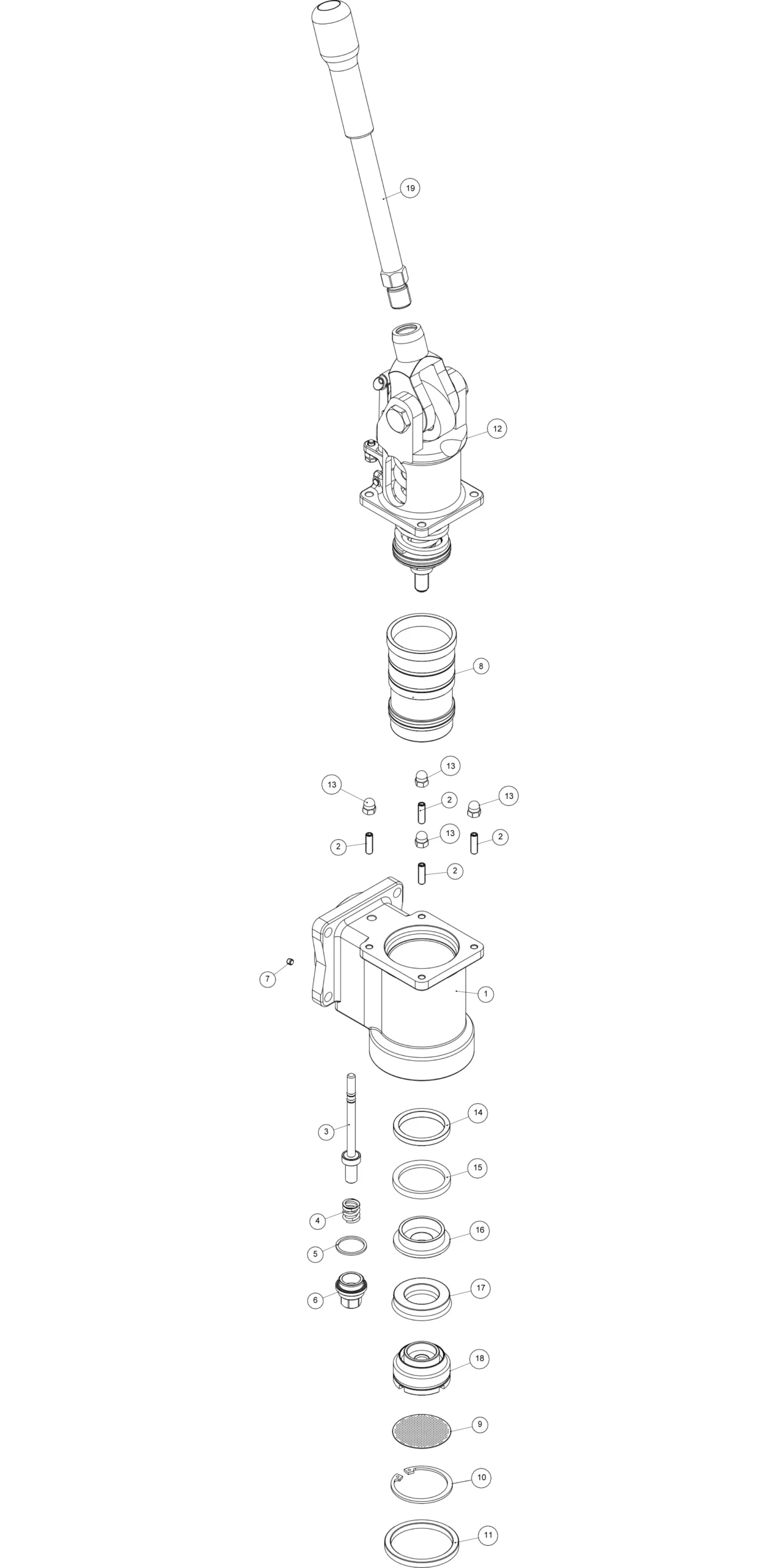 Exploded parts diagram of a mechanical gear shift assembly, similar to those in ACS Vesuvius or Evo Leva, showing components like the shift lever, springs, bolts, gaskets, and housing arranged sequentially from top to bottom.
