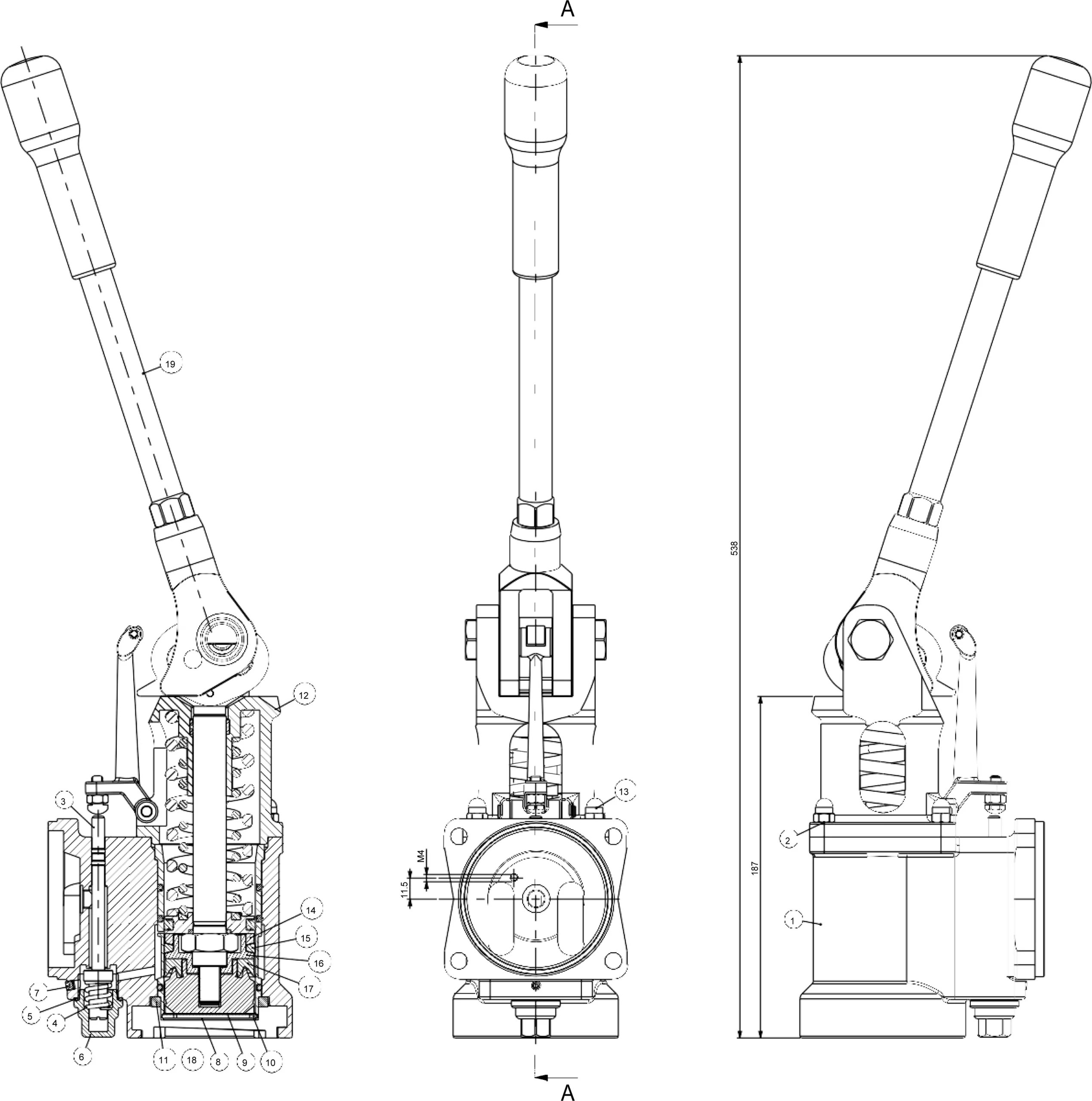 Technical drawing of an Evo Leva mechanical lever assembly, shown in three views: sectioned side view, front view, and side elevation—serving as a detailed parts diagram with visible springs, bolts, and internal mechanisms.