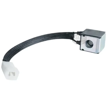 The Elektra 06323059 Solenoid Coil 115 Volts is a small electrical component with a black braided cable, a rectangular metal box on one end, and a white plastic connector on the other. Suitable for 115V systems.