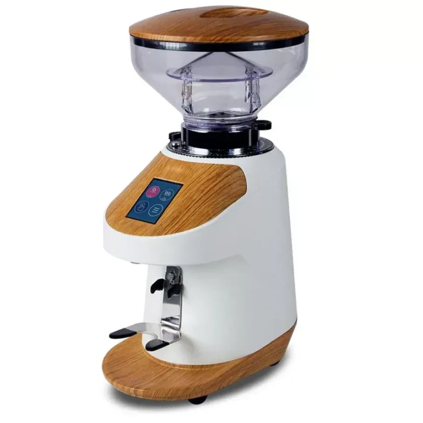 Stylish coffee grinder with a wooden top and digital controls.