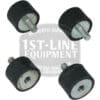 Four black rubber feet with metal studs are scattered on a white background with a faint 1st-Line Equipment logo. These are Eureka 6040.0088-1145 Atom W Vibration Absorbers, ideal as replacements.
