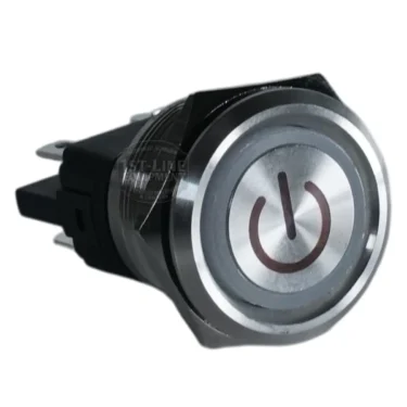 A close-up of the Bezzera 7633355SG Power Switch for Aria and Luce 110V shows its metallic push button with a power symbol, mounted on a black plastic base with connectors.