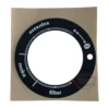 The Fiorenzato 900000990 Allground Silk Screen Grinding Scale Ring is a black circular dial overlay with white espresso, moka, and filter text plus coffee bean graphics, on a square brown backing paper.