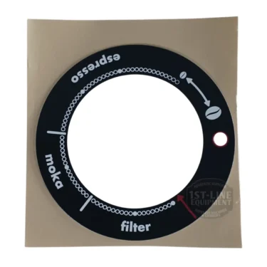 The Fiorenzato 900000990 Allground Silk Screen Grinding Scale Ring is a black circular dial overlay with white espresso, moka, and filter text plus coffee bean graphics, on a square brown backing paper.