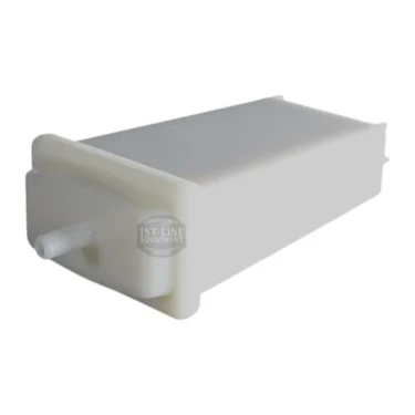 A white rectangular plastic reservoir tank for the 1st-line Mini Water Softener features a protruding nozzle on one end and is shown on a plain white background.