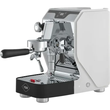 The VBM Domobar Single Boiler Espresso Machine has a stainless steel and white exterior, portafilter handle, pressure gauges, control buttons, and a metal drip tray with the VBM logo on the front.