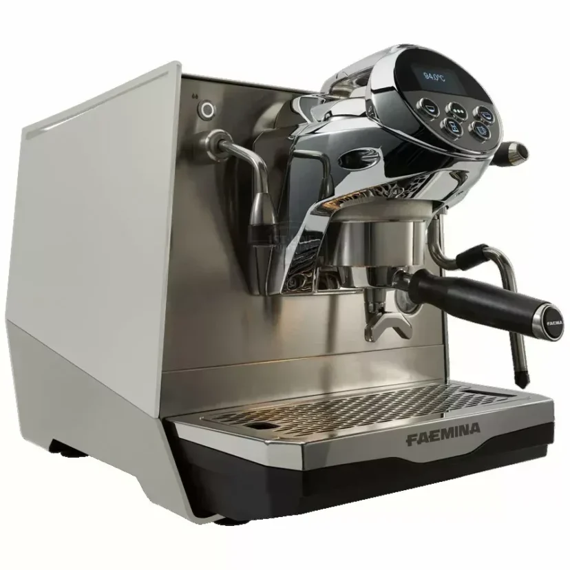 Stainless steel espresso machine with a sleek design and digital controls.