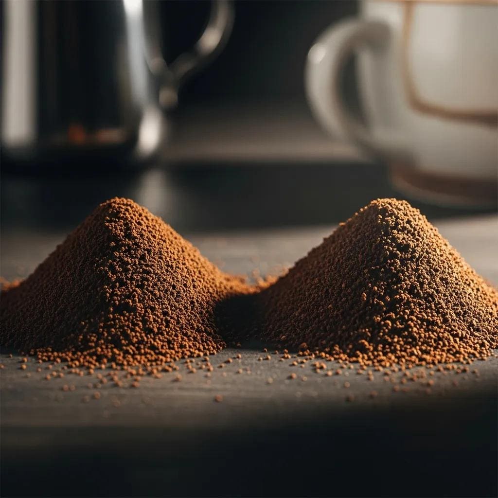 Close-up of coffee grounds showing uniformity from flat grinder and variety from conical grinder