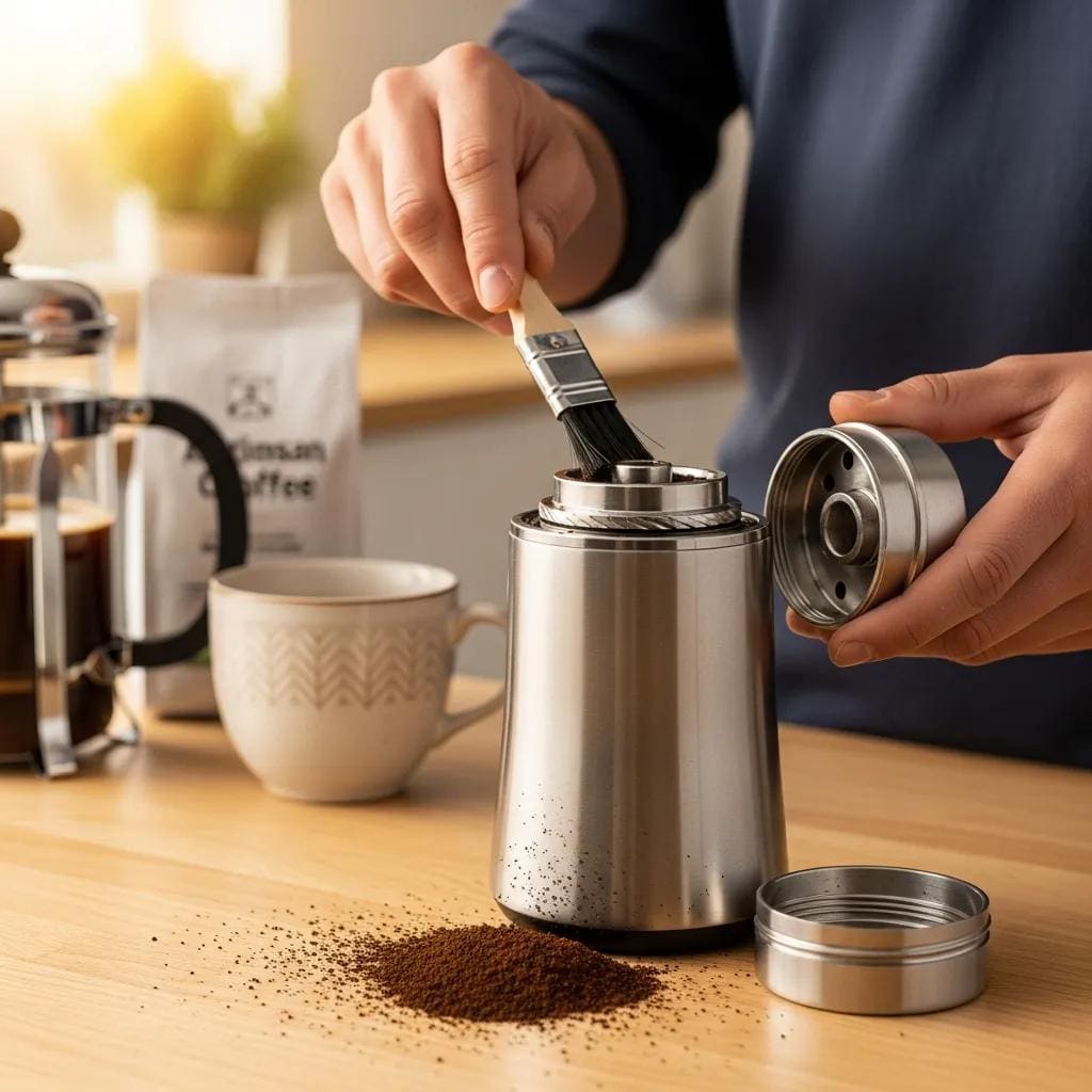 Person cleaning a flat burr grinder in a kitchen setting with coffee grounds visible