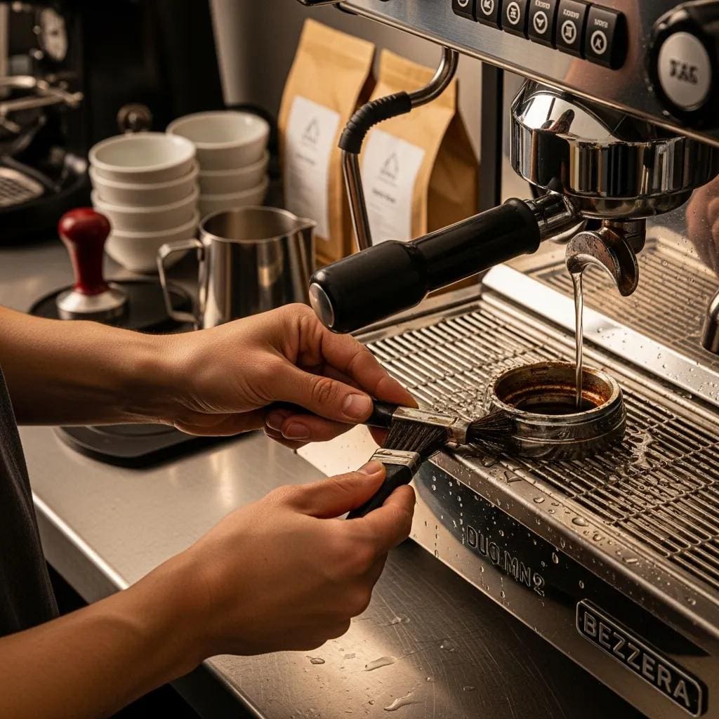 Person cleaning the group head of Bezzera DUO MN V2 espresso machine at a coffee station